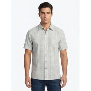 Van Heusen Men's Short Sleeve Plaid Dress Shirt, Button-Up, Gray L Large NWT